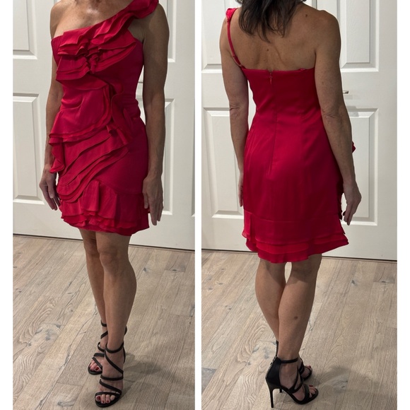 BCBGMaxAzria Dresses & Skirts - BCBGMaxAzria "Jonesy" Ruffled One Shoulder Mini Dress - Ruby Red Size 4